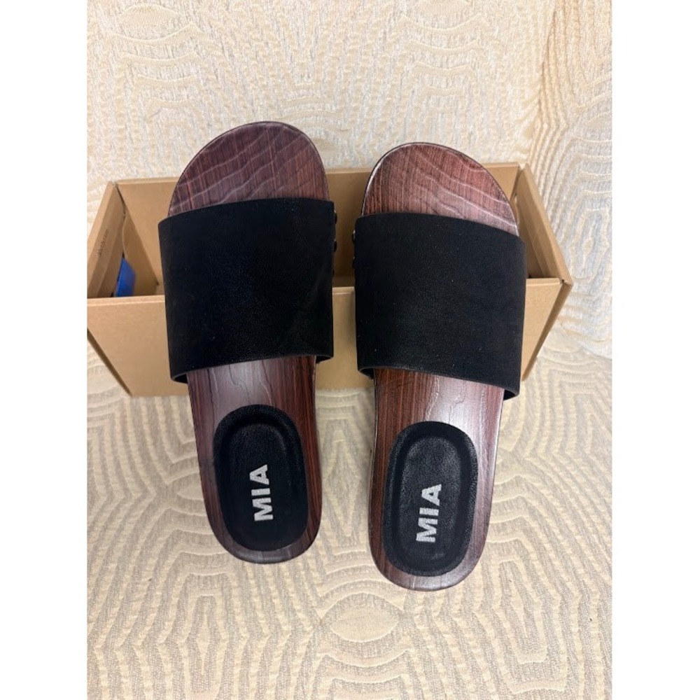 MIA Lanell Slide Sandals Women 8 Black New Studded Faux Wood Block Heel QI00655